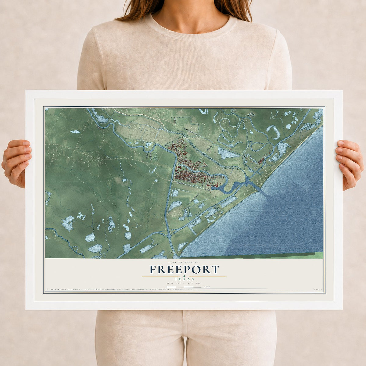 Map of Freeport, Texas, 12 x 18 inch print in a white wood frame