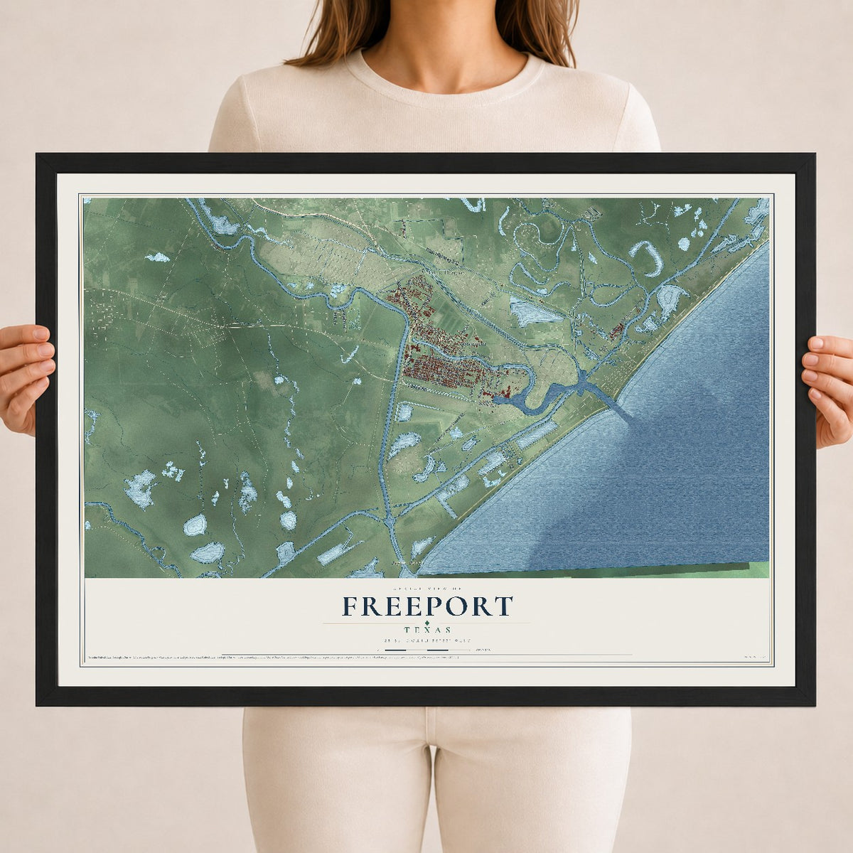 Map of Freeport, Texas, 18 x 24 inch print in a black wood frame