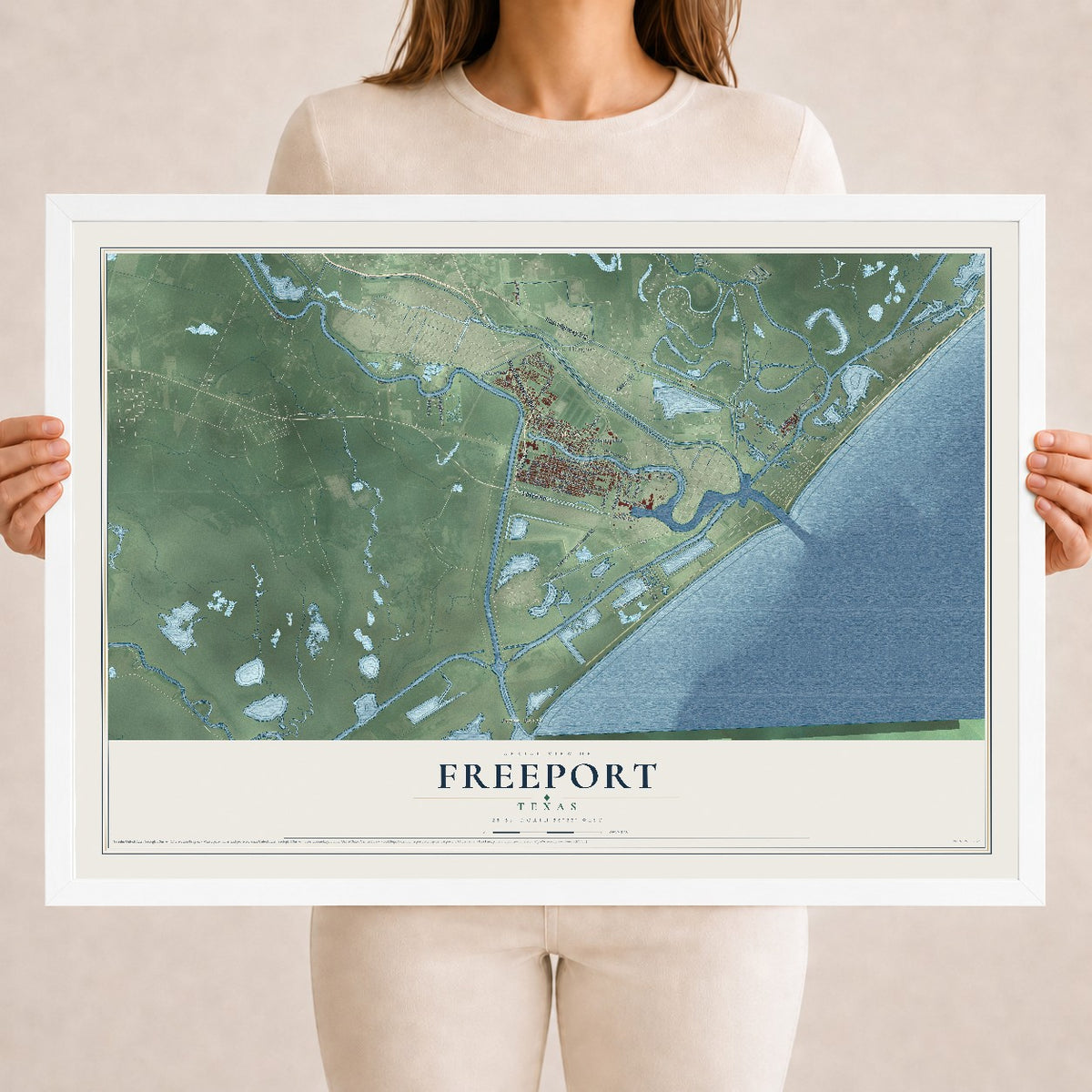Map of Freeport, Texas, 18 x 24 inch print in a white wood frame