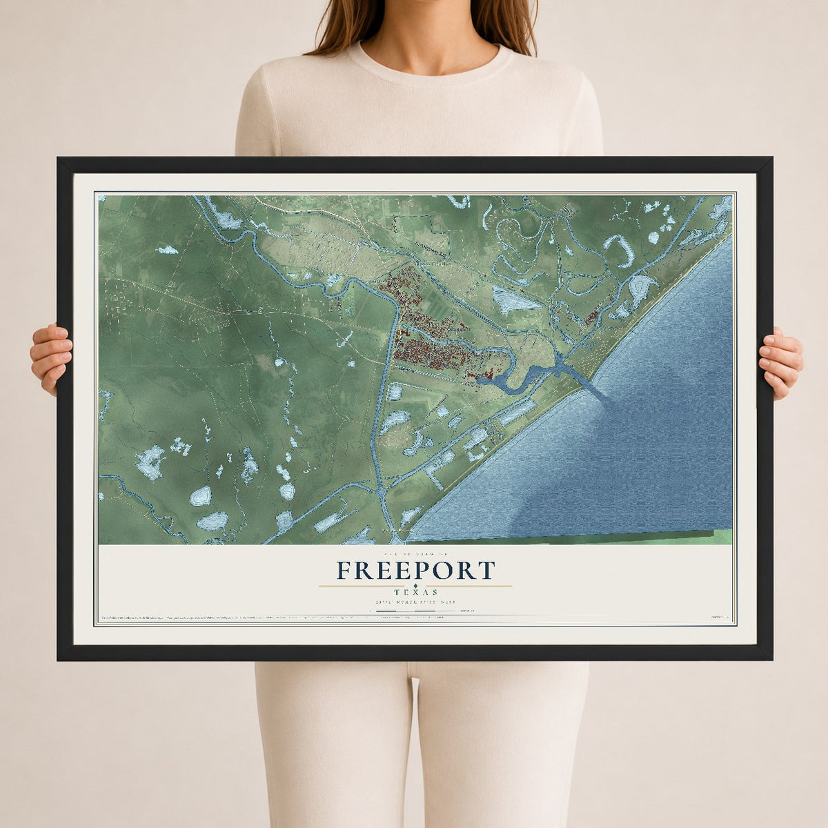Map of Freeport, Texas, 24 x 36 inch print in a black wood frame