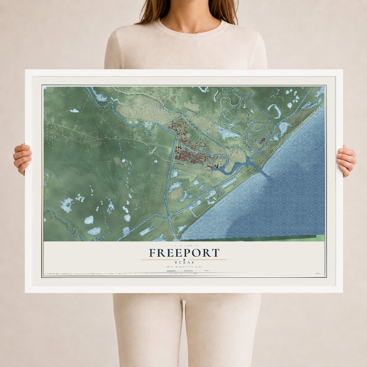Map of Freeport, Texas, 24 x 36 inch print in a white wood frame