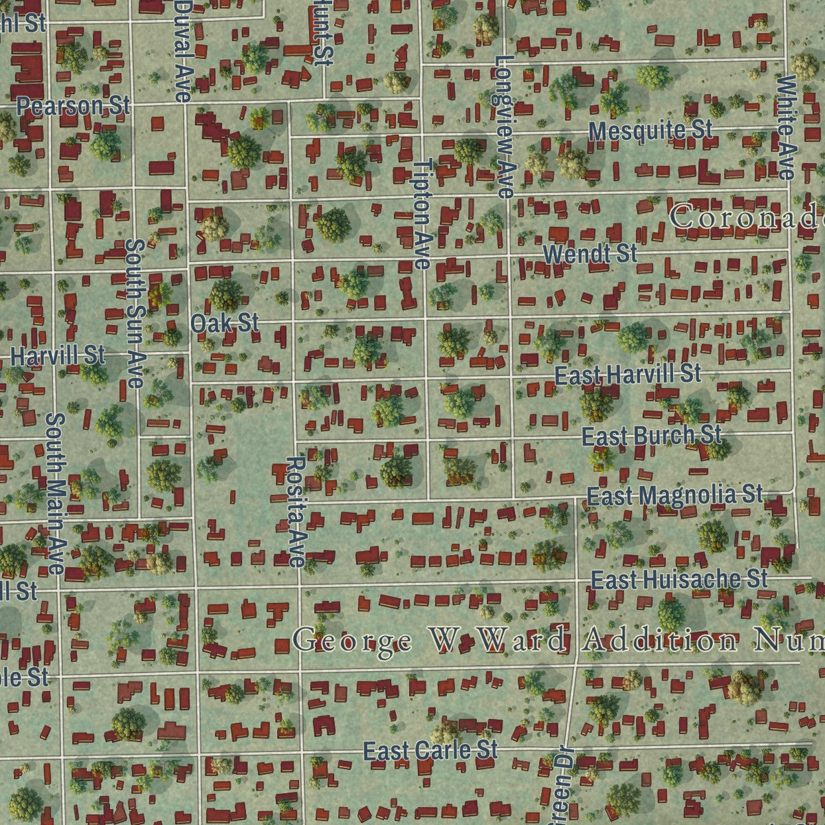 Close-up of the map of Freer, Texas print showing street and building detail