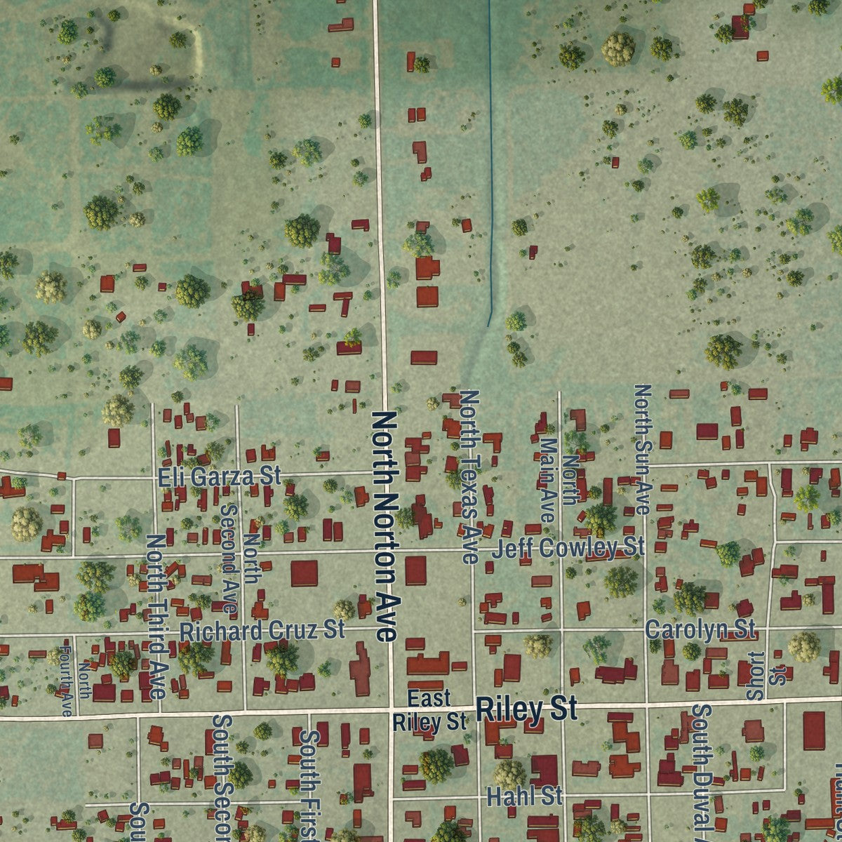 Second close-up of the map of Freer, Texas print showing more streets and buildings