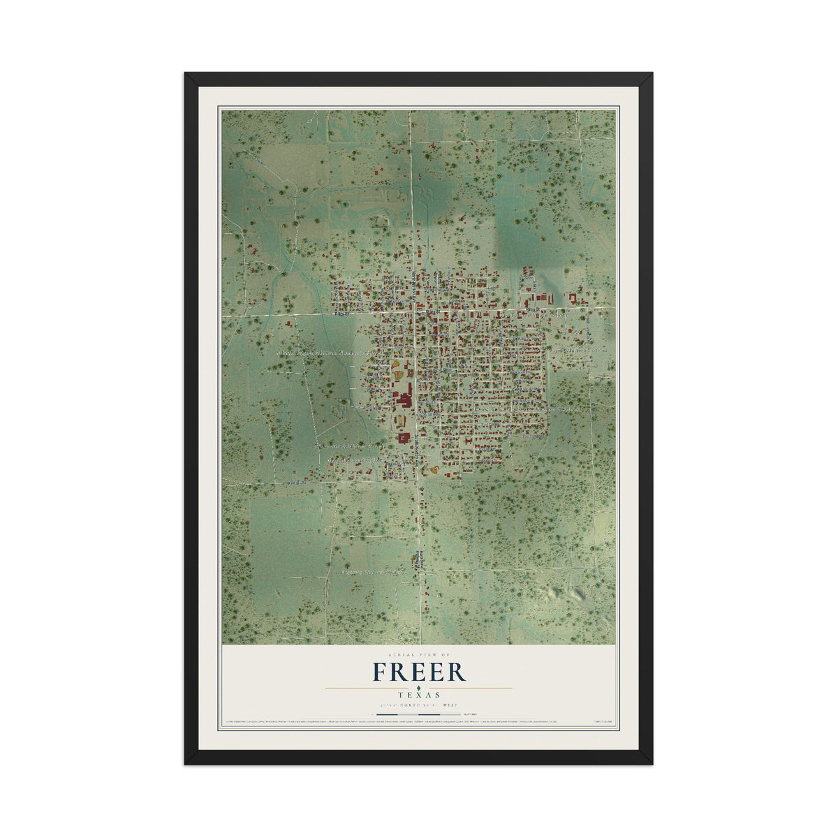 Map of Freer, Texas, 12 x 18 inch print in a black wood frame