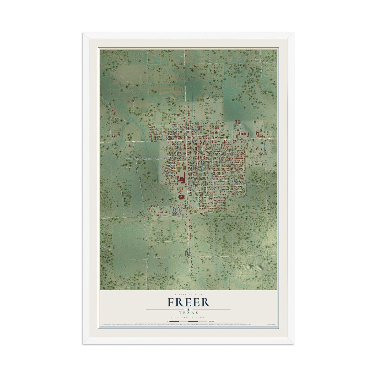 Map of Freer, Texas, 12 x 18 inch print in a white wood frame