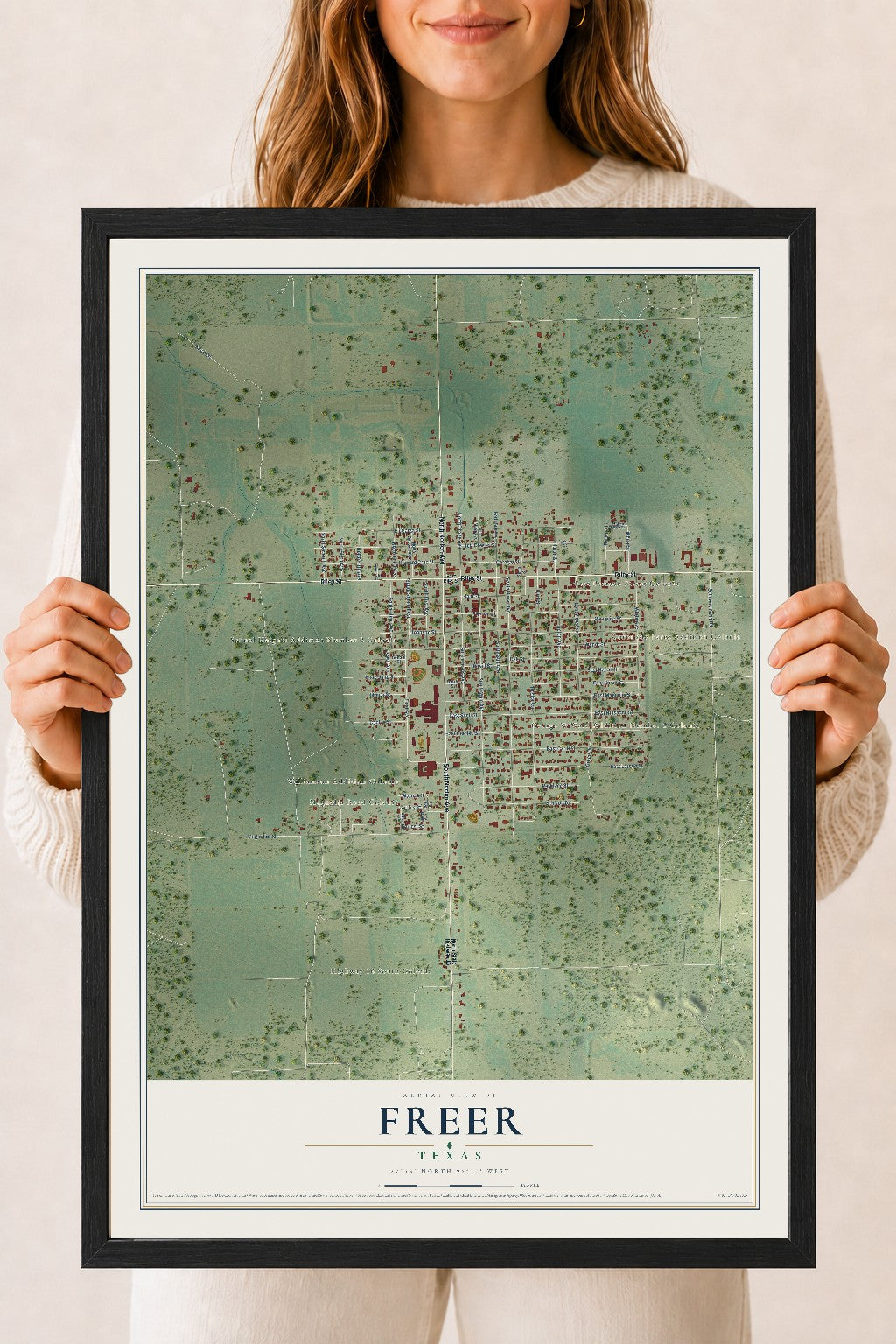 Map of Freer, Texas, 18 x 24 inch print in a black wood frame