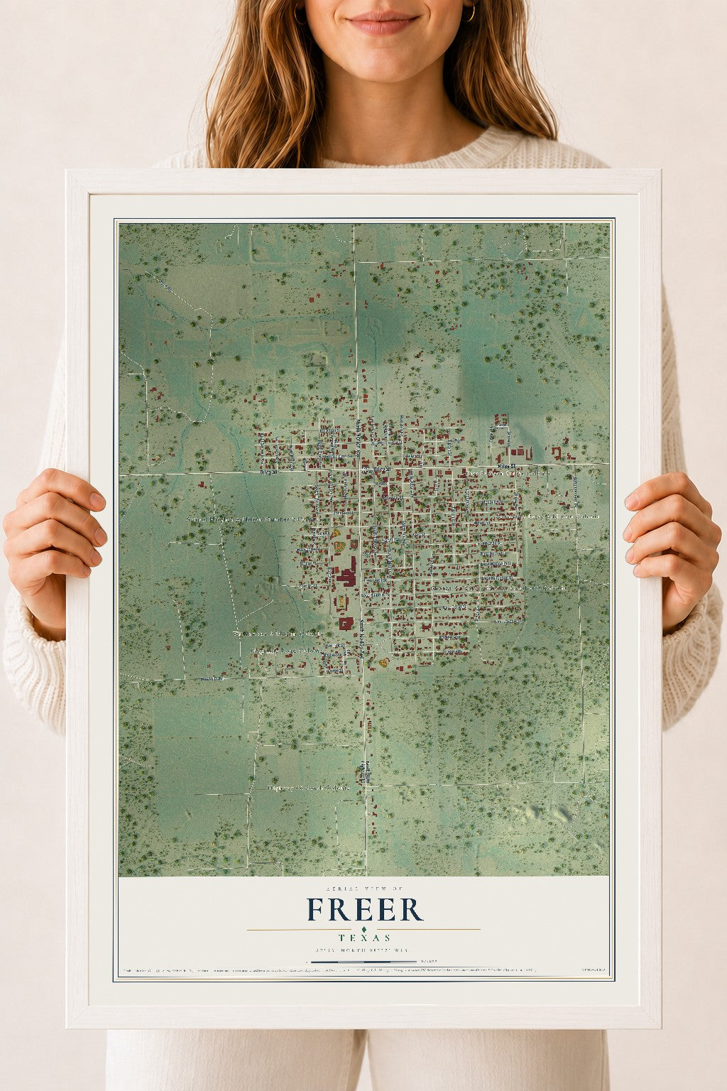 Map of Freer, Texas, 18 x 24 inch print in a white wood frame