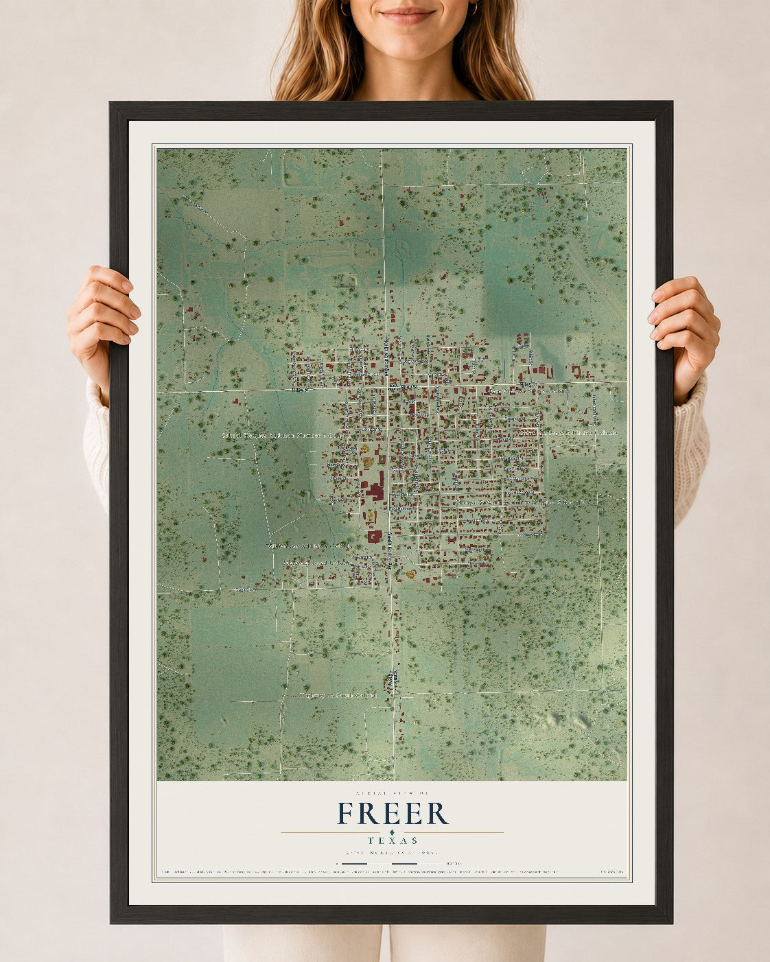 Map of Freer, Texas, 24 x 36 inch print in a black wood frame