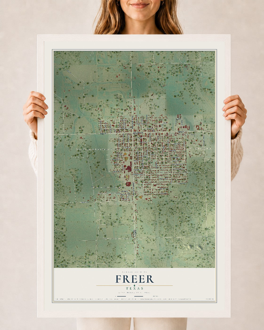 Map of Freer, Texas, 24 x 36 inch print in a white wood frame