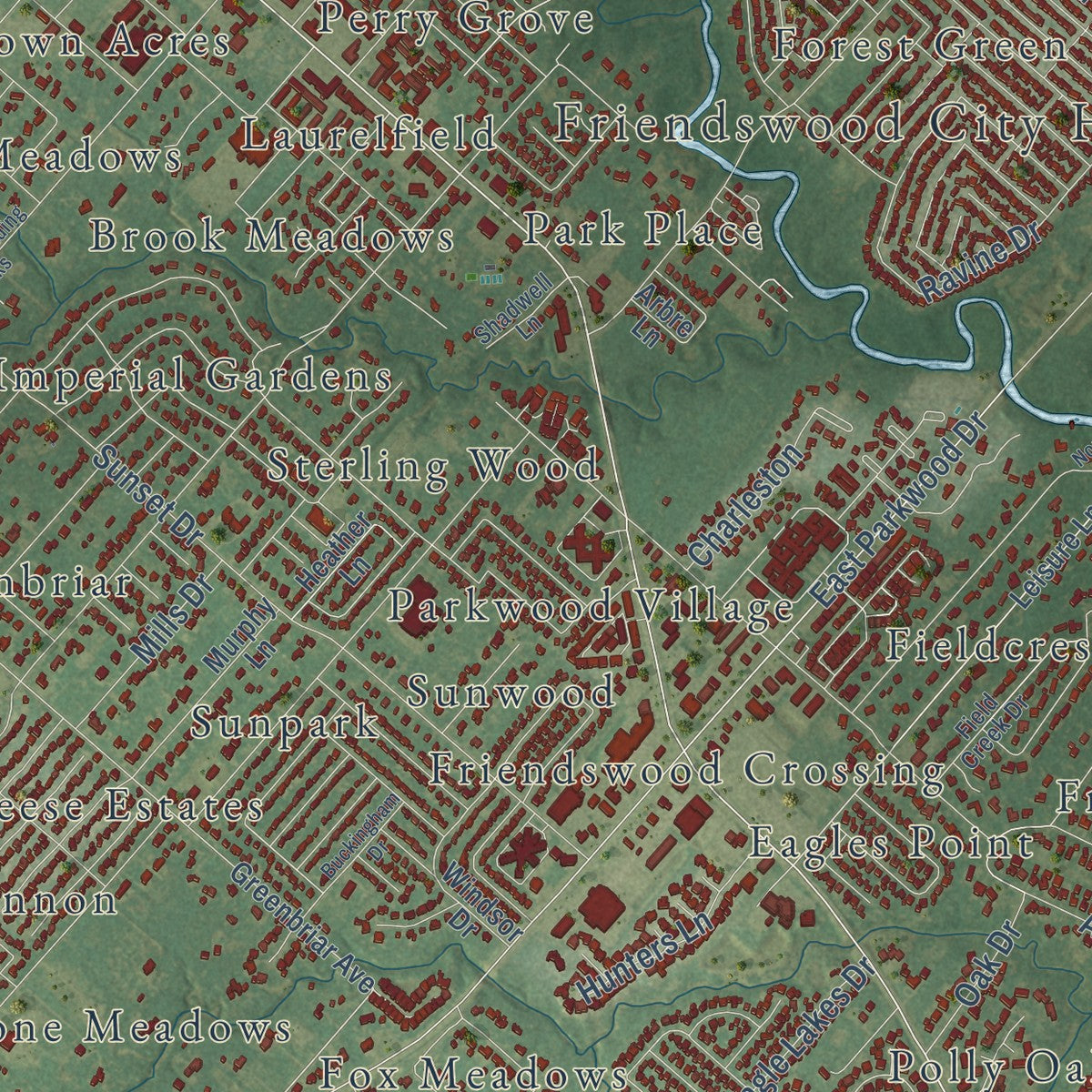 Close-up of the map of Friendswood, Texas print showing street and building detail