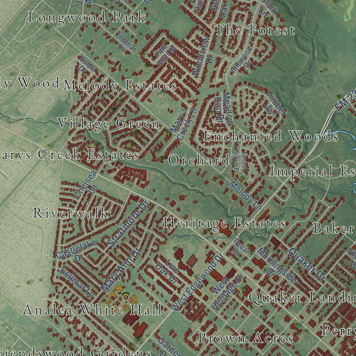 Second close-up of the map of Friendswood, Texas print showing more streets and buildings