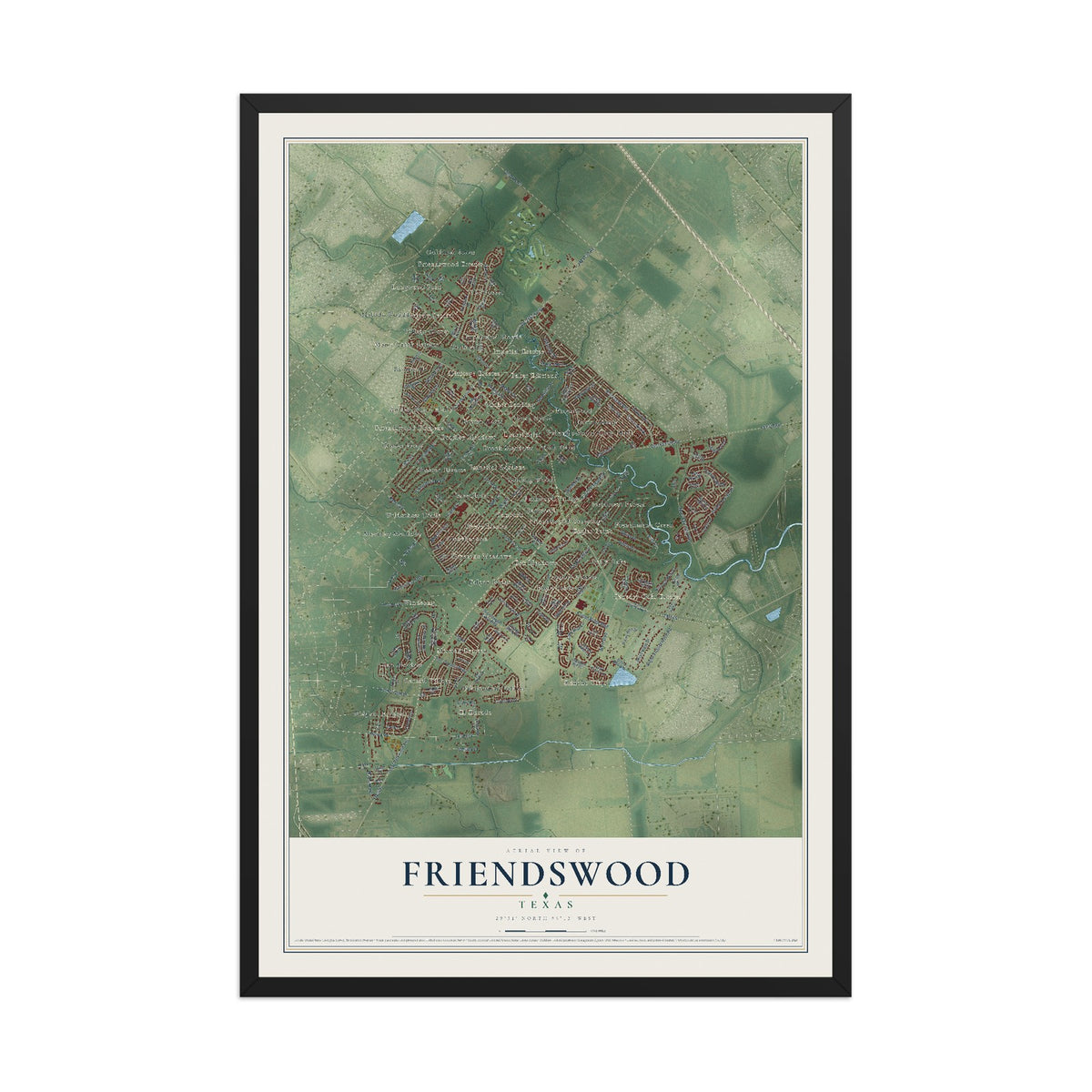 Map of Friendswood, Texas, 12 x 18 inch print in a black wood frame