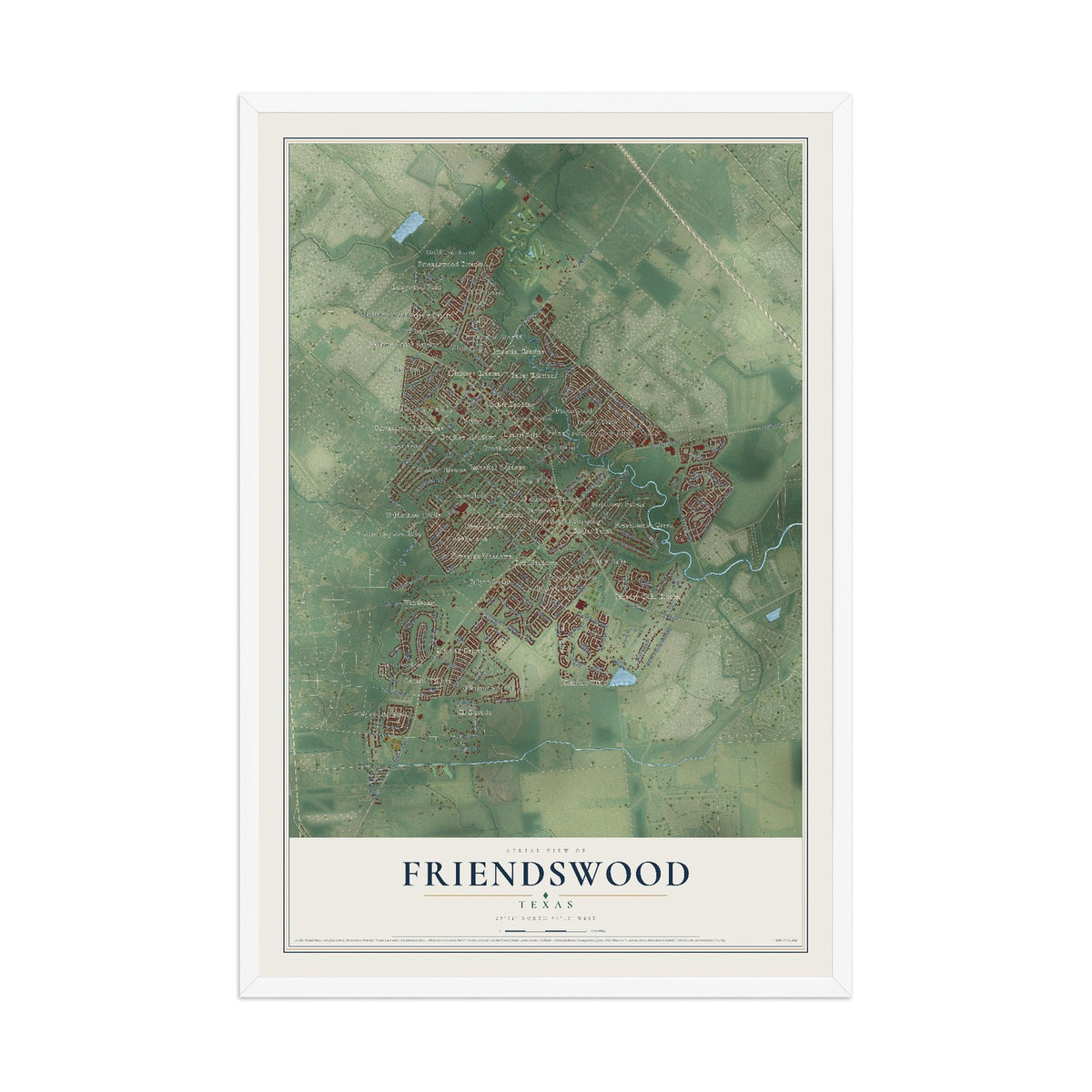 Map of Friendswood, Texas, 12 x 18 inch print in a white wood frame