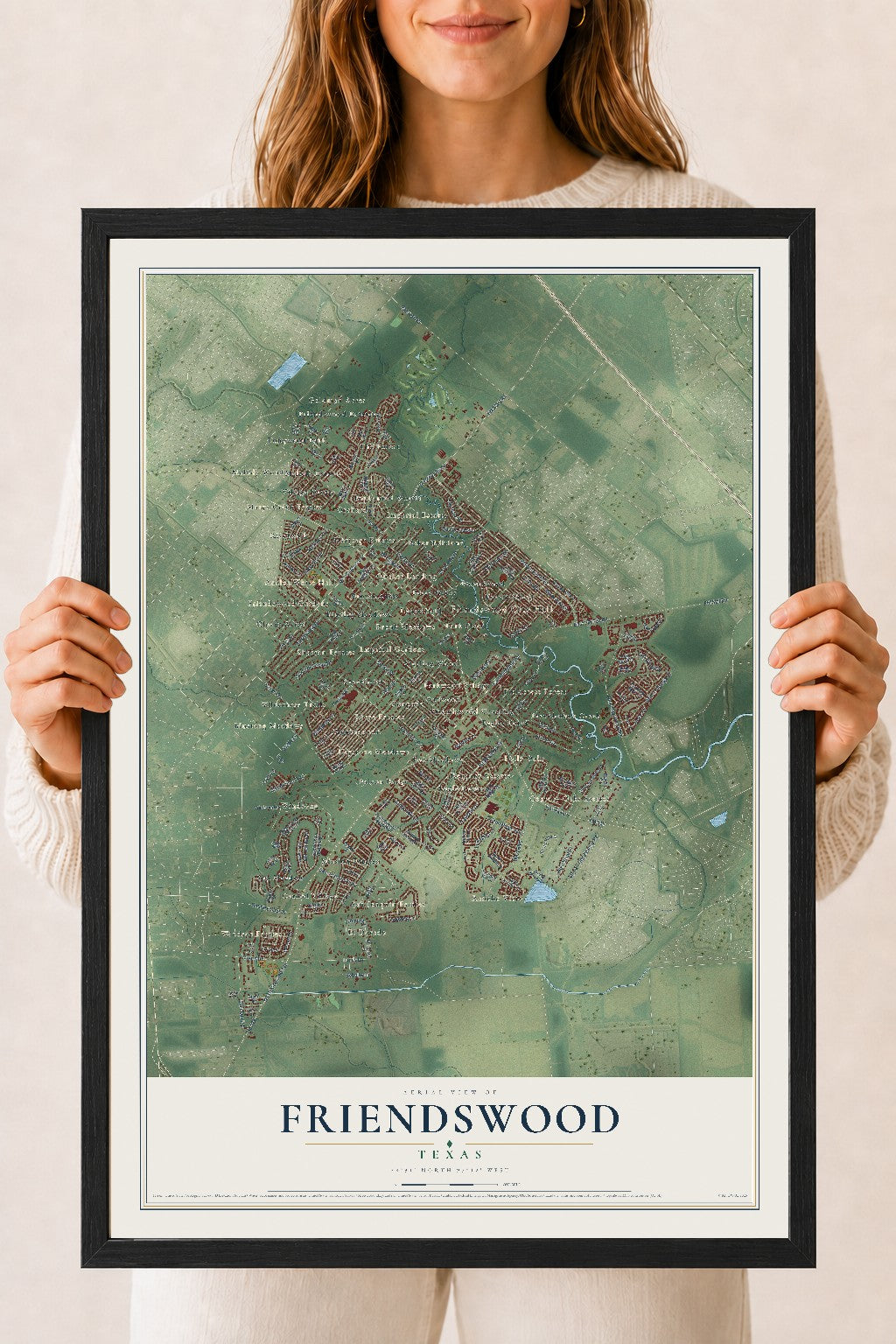 Map of Friendswood, Texas, 18 x 24 inch print in a black wood frame