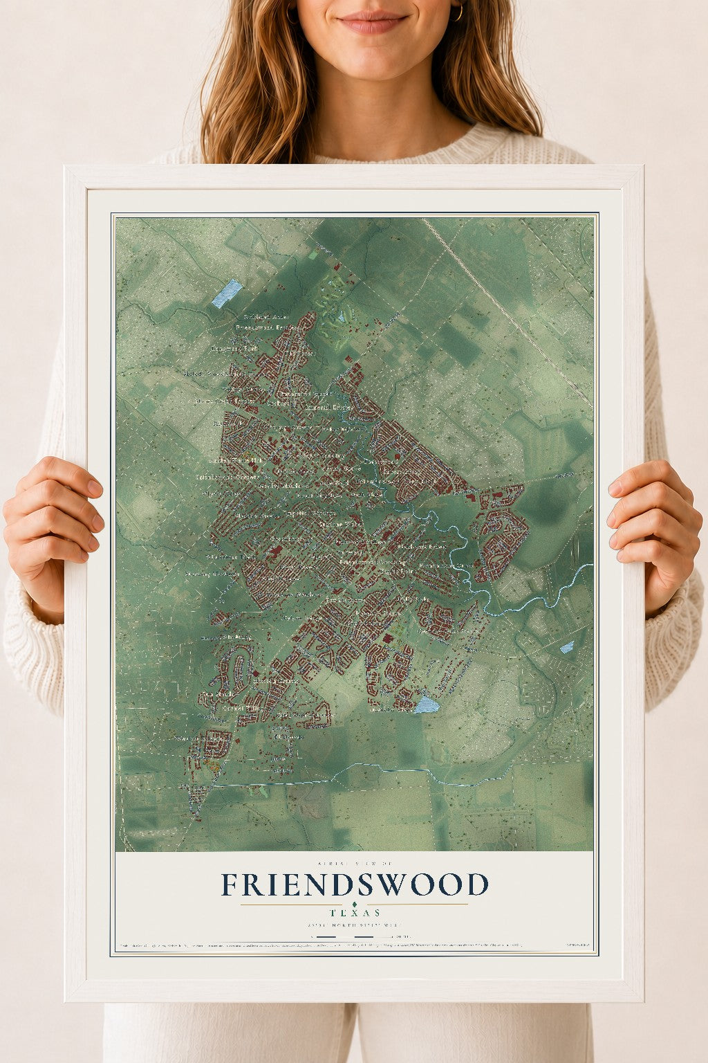 Map of Friendswood, Texas, 18 x 24 inch print in a white wood frame