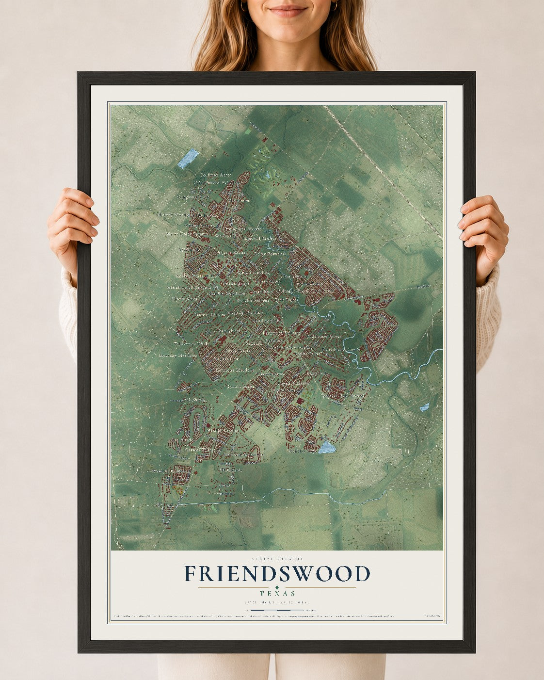 Map of Friendswood, Texas, 24 x 36 inch print in a black wood frame