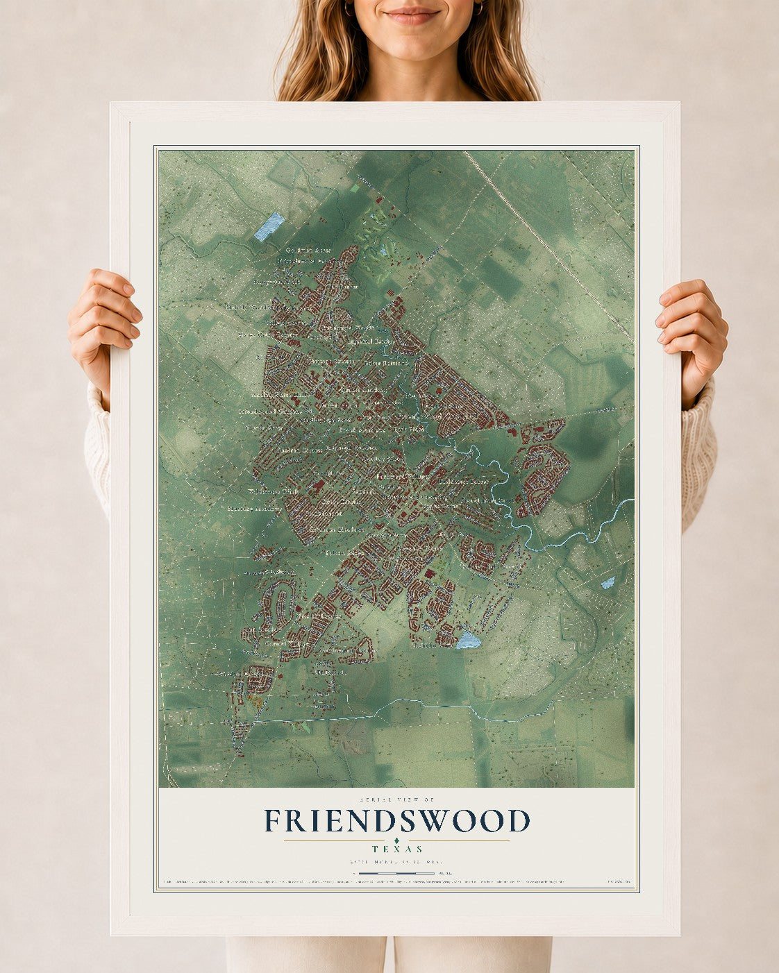 Map of Friendswood, Texas, 24 x 36 inch print in a white wood frame