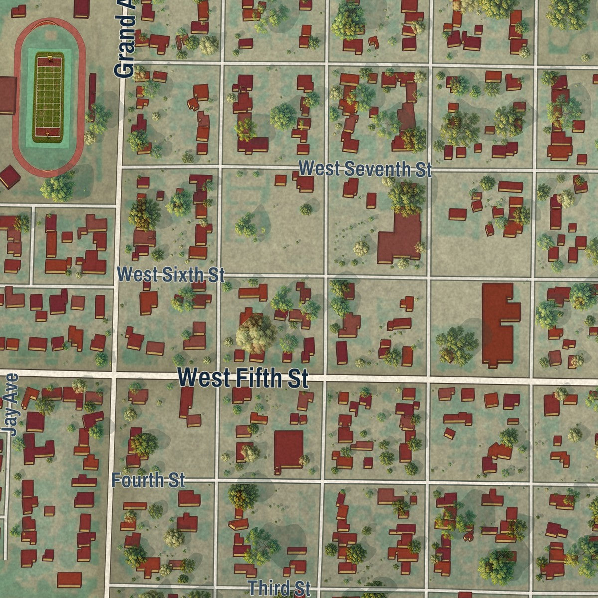 Close-up of the map of Friona, Texas print showing street and building detail