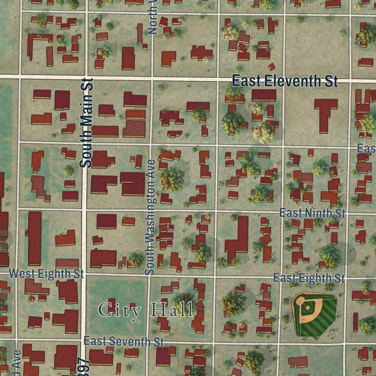 Second close-up of the map of Friona, Texas print showing more streets and buildings