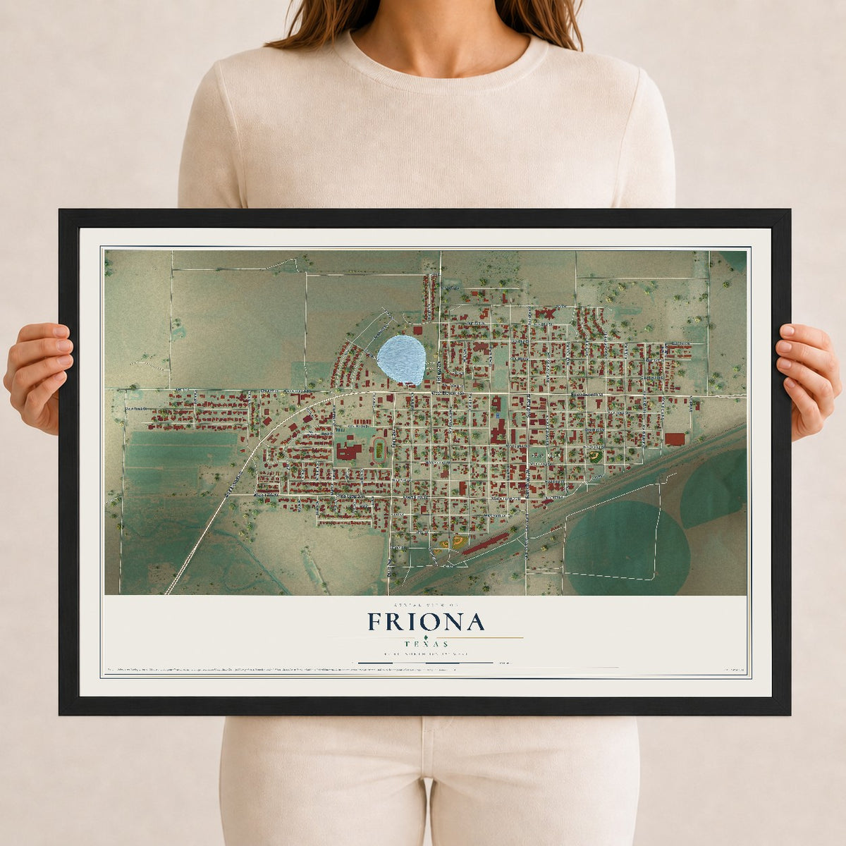 Map of Friona, Texas, 12 x 18 inch print in a black wood frame