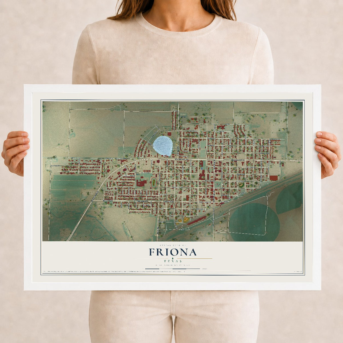 Map of Friona, Texas, 12 x 18 inch print in a white wood frame