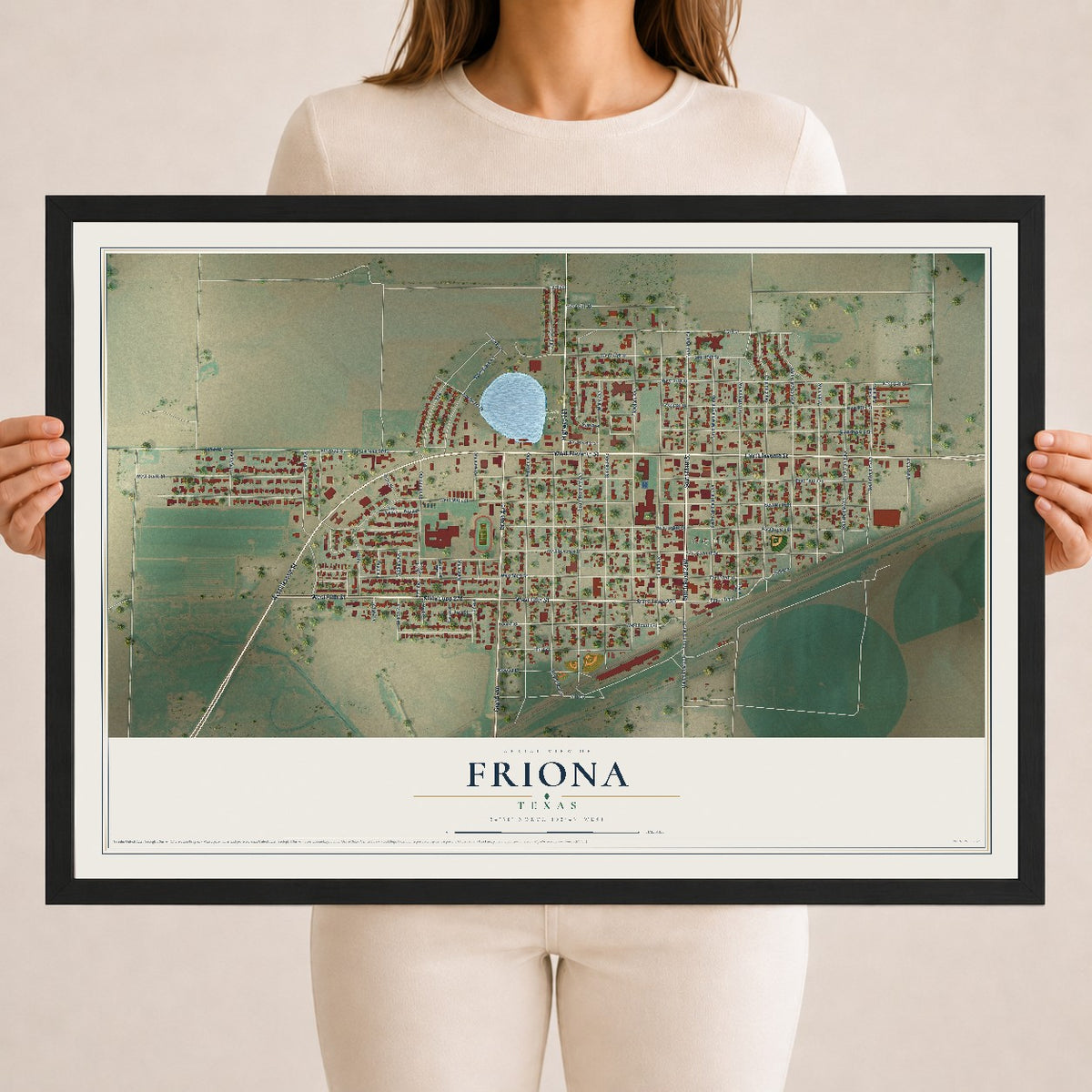 Map of Friona, Texas, 18 x 24 inch print in a black wood frame