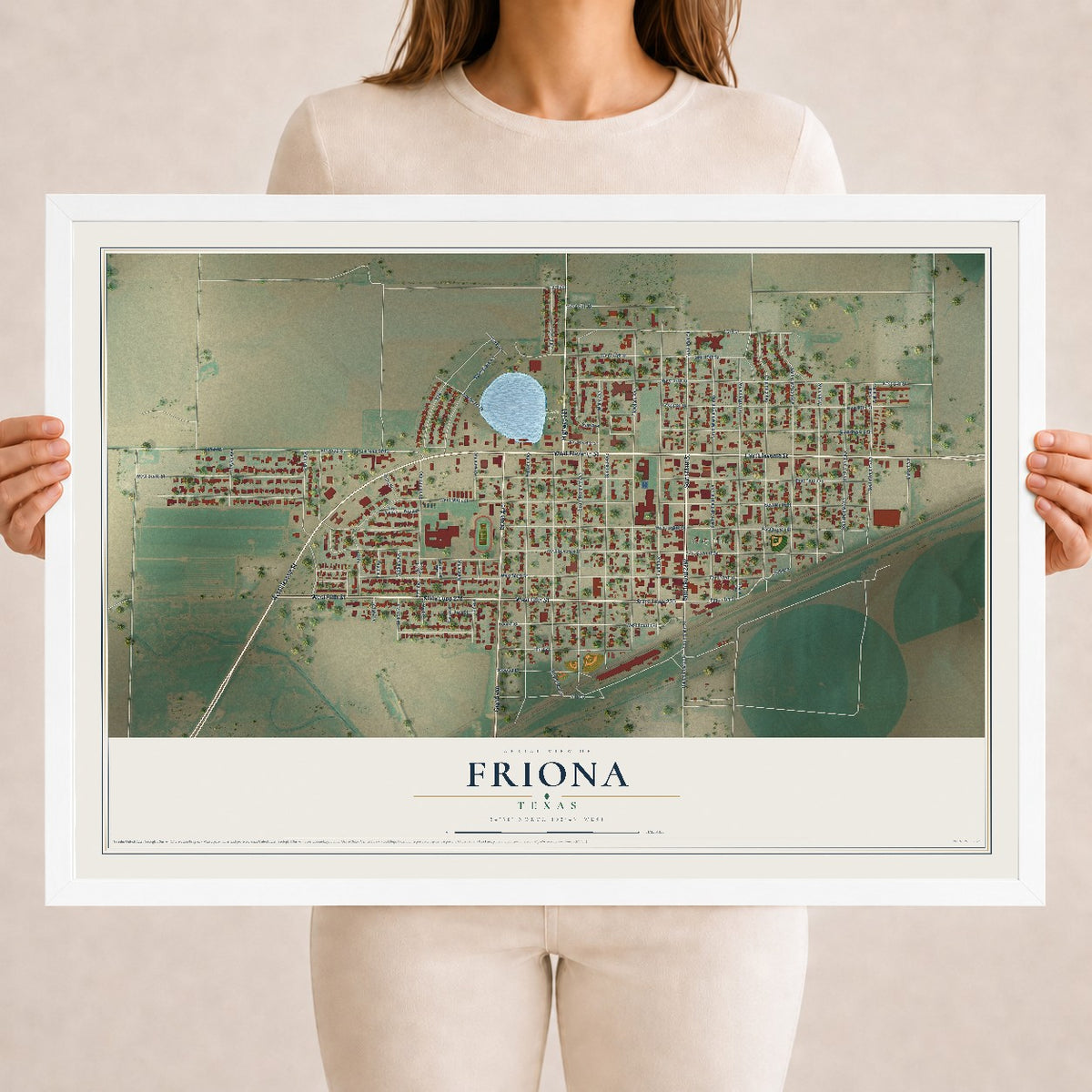 Map of Friona, Texas, 18 x 24 inch print in a white wood frame