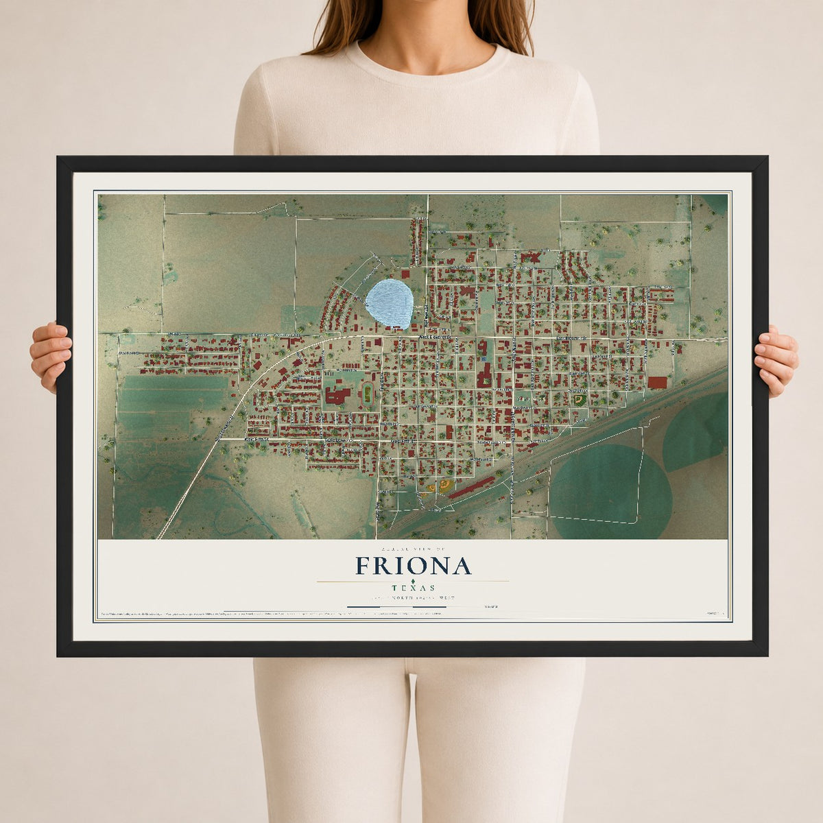 Map of Friona, Texas, 24 x 36 inch print in a black wood frame