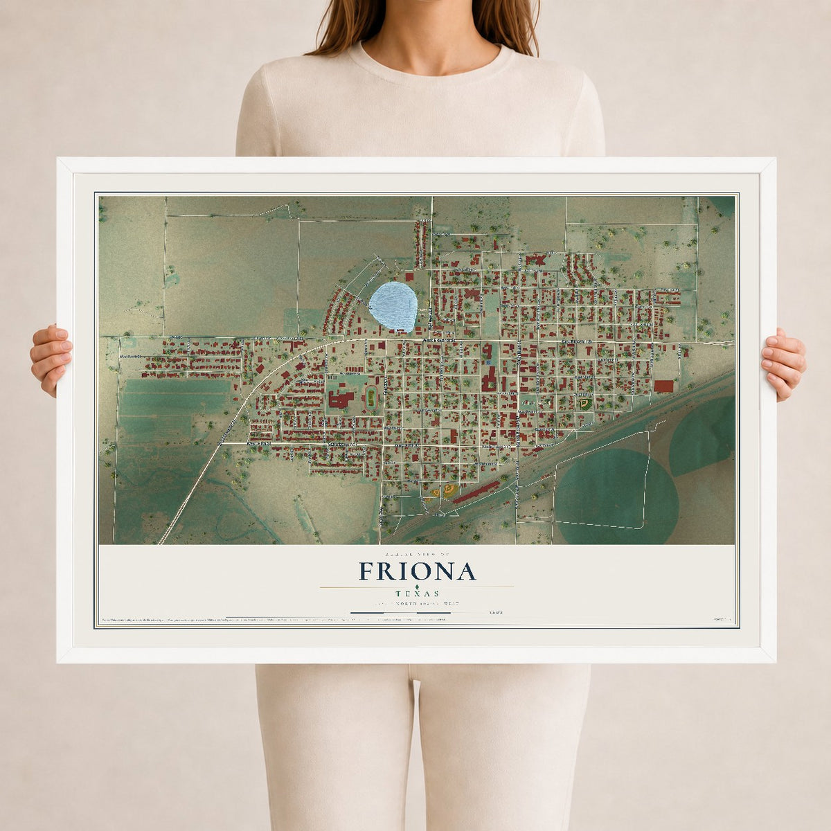 Map of Friona, Texas, 24 x 36 inch print in a white wood frame