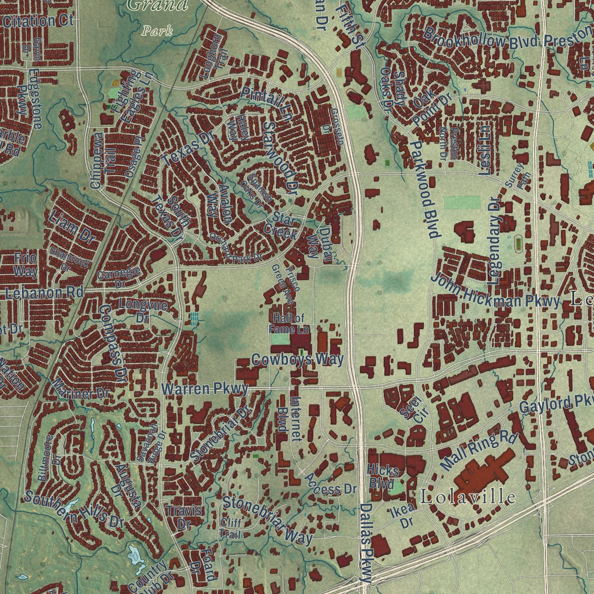 Close-up of the map of Frisco, Texas print showing street and building detail