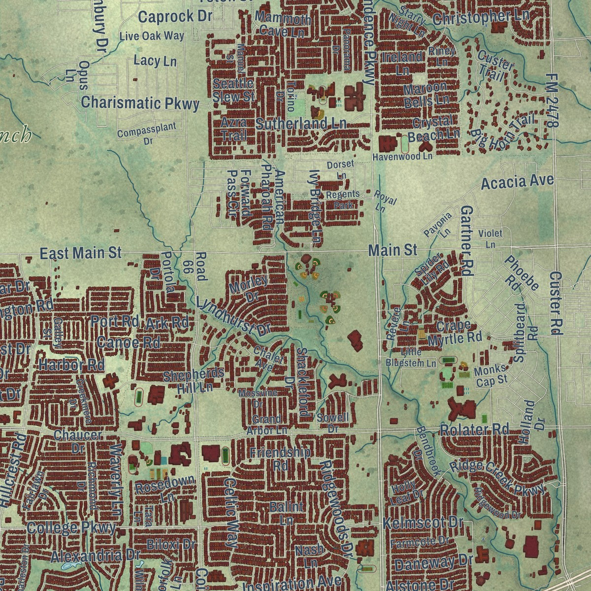 Second close-up of the map of Frisco, Texas print showing more streets and buildings