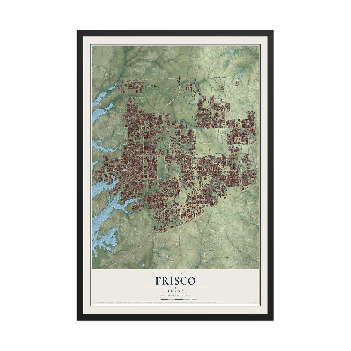 Map of Frisco, Texas, 12 x 18 inch print in a black wood frame