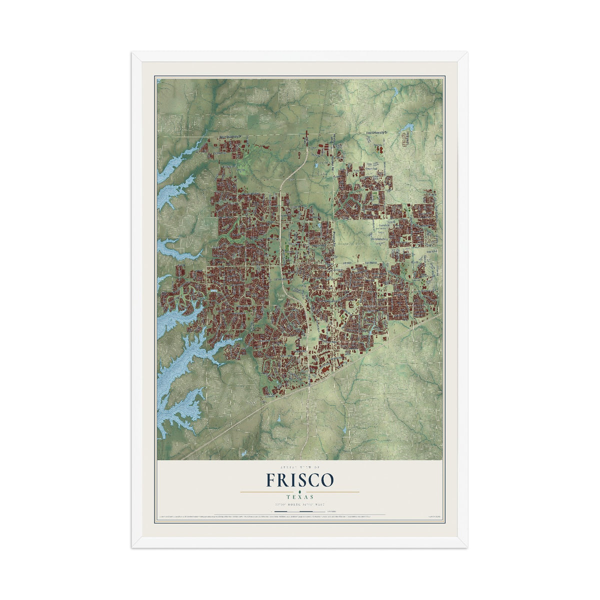 Map of Frisco, Texas, 12 x 18 inch print in a white wood frame