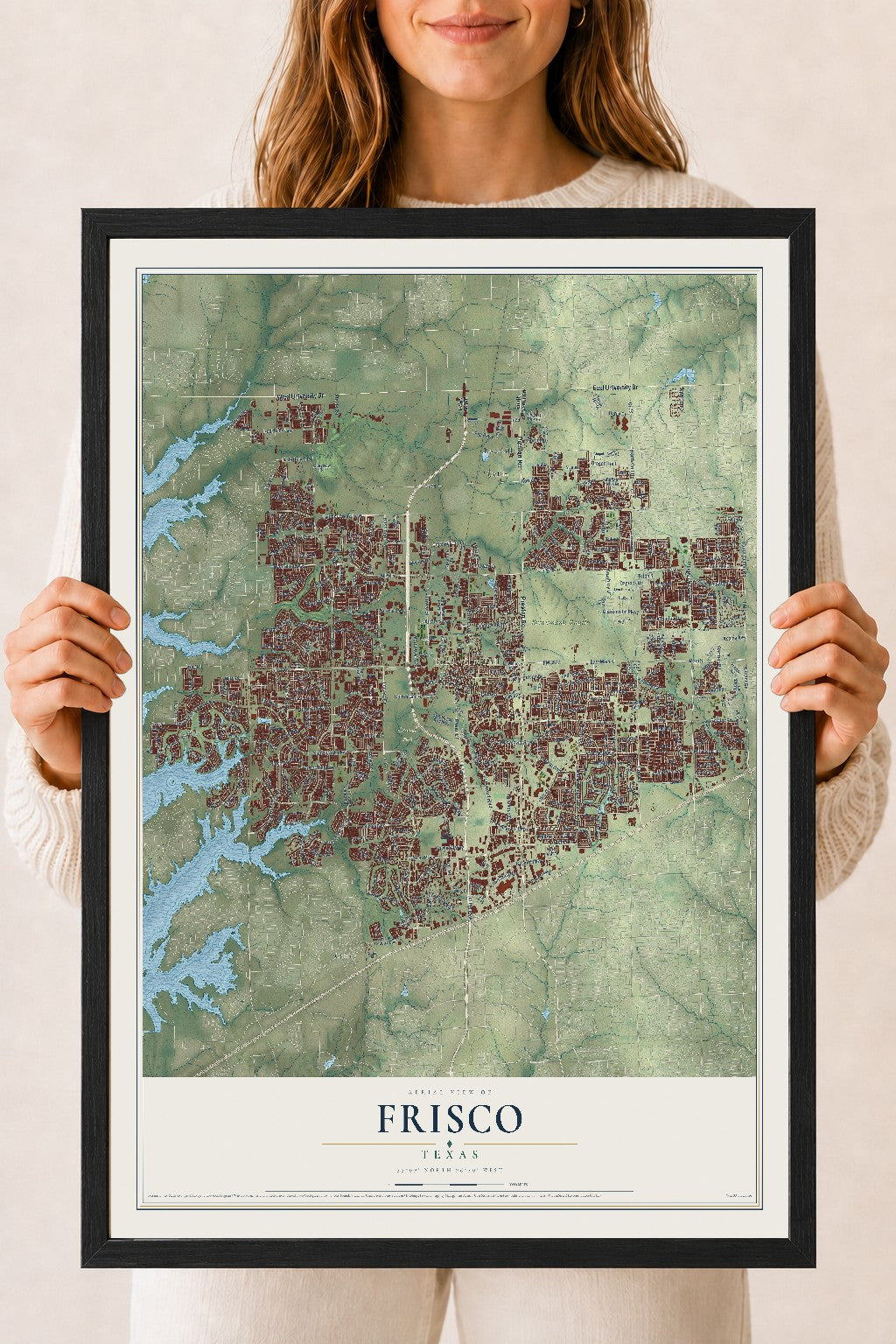 Map of Frisco, Texas, 18 x 24 inch print in a black wood frame