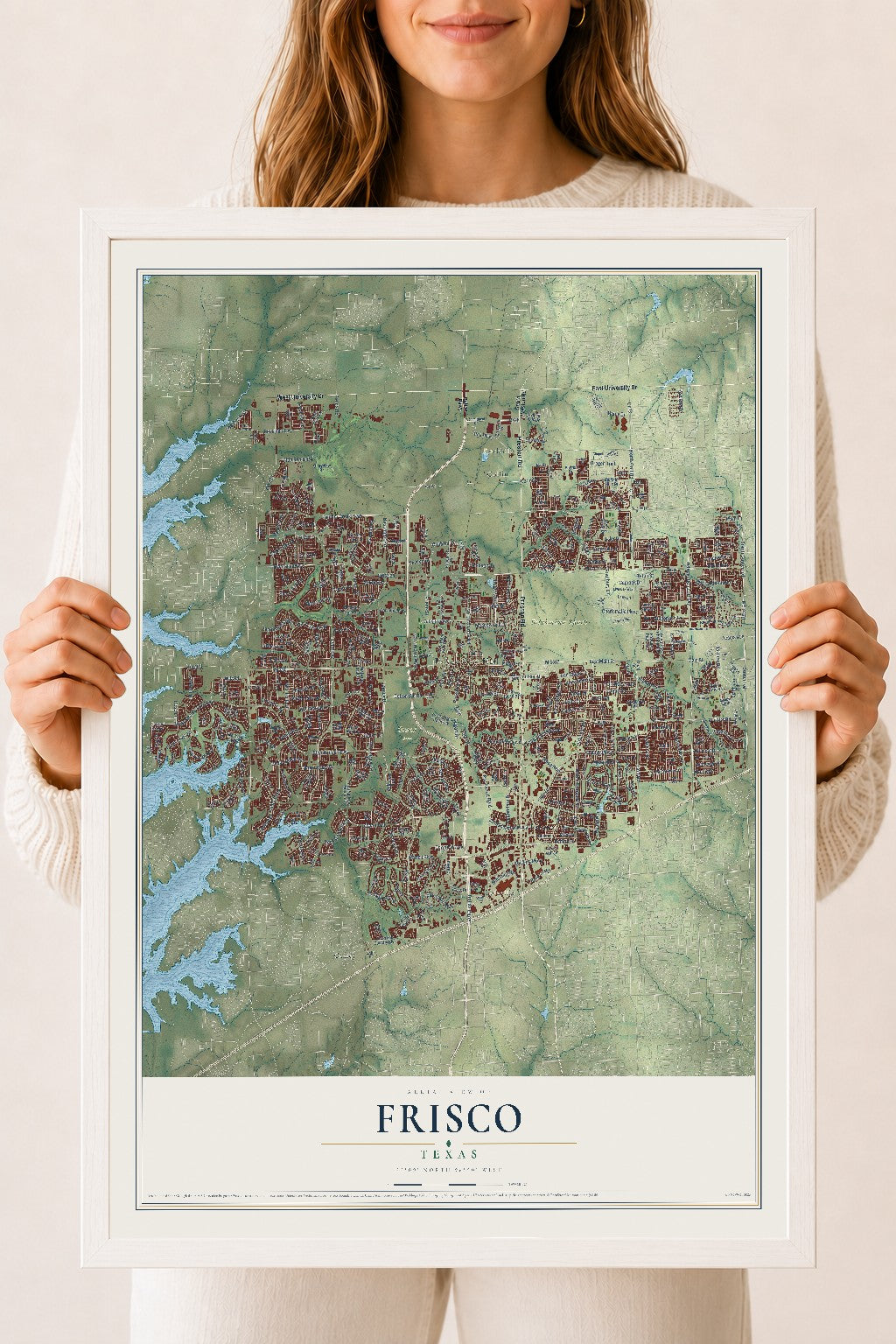 Map of Frisco, Texas, 18 x 24 inch print in a white wood frame