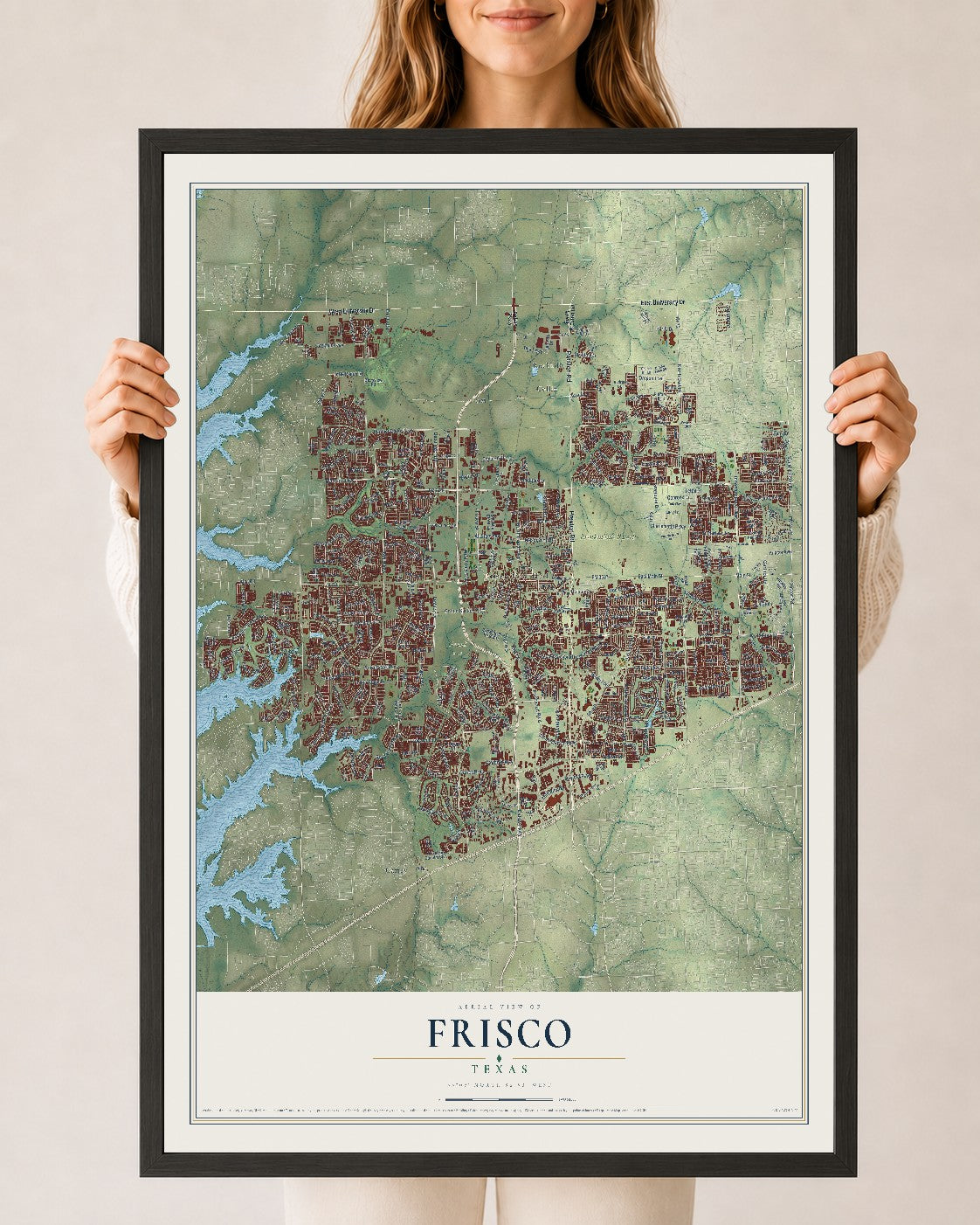 Map of Frisco, Texas, 24 x 36 inch print in a black wood frame