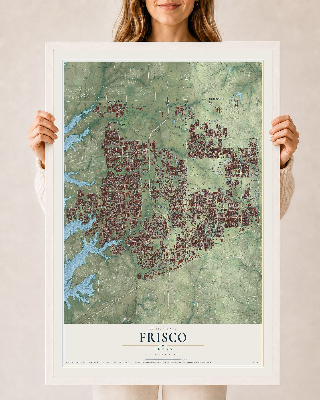 Map of Frisco, Texas, 24 x 36 inch print in a white wood frame