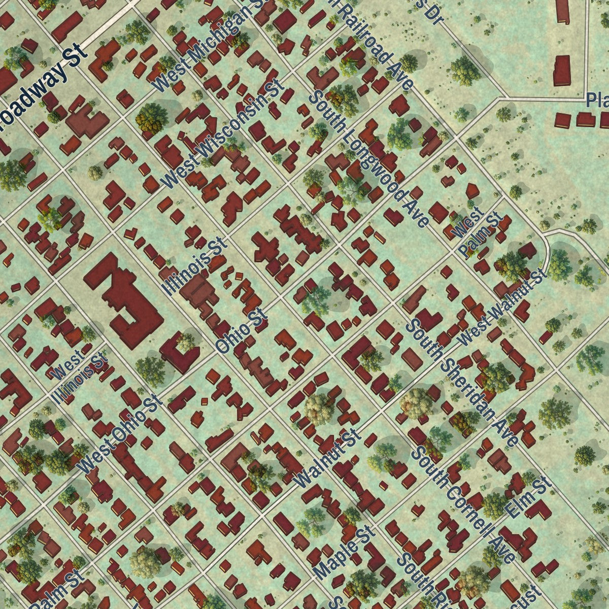 Close-up of the map of Fritch, Texas print showing street and building detail