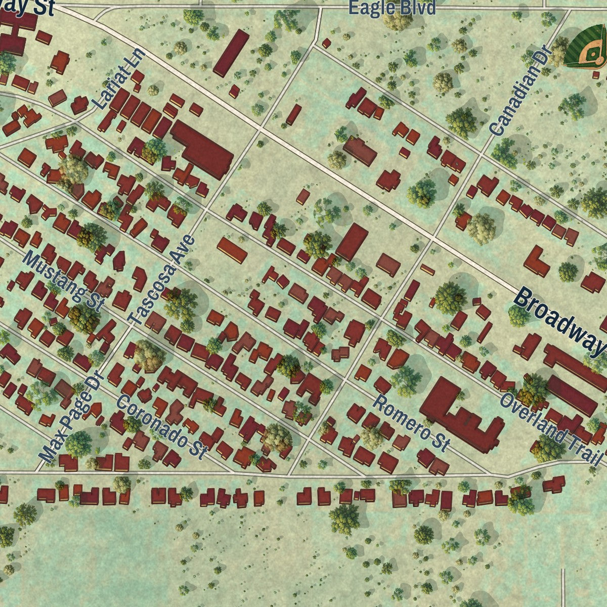 Second close-up of the map of Fritch, Texas print showing more streets and buildings