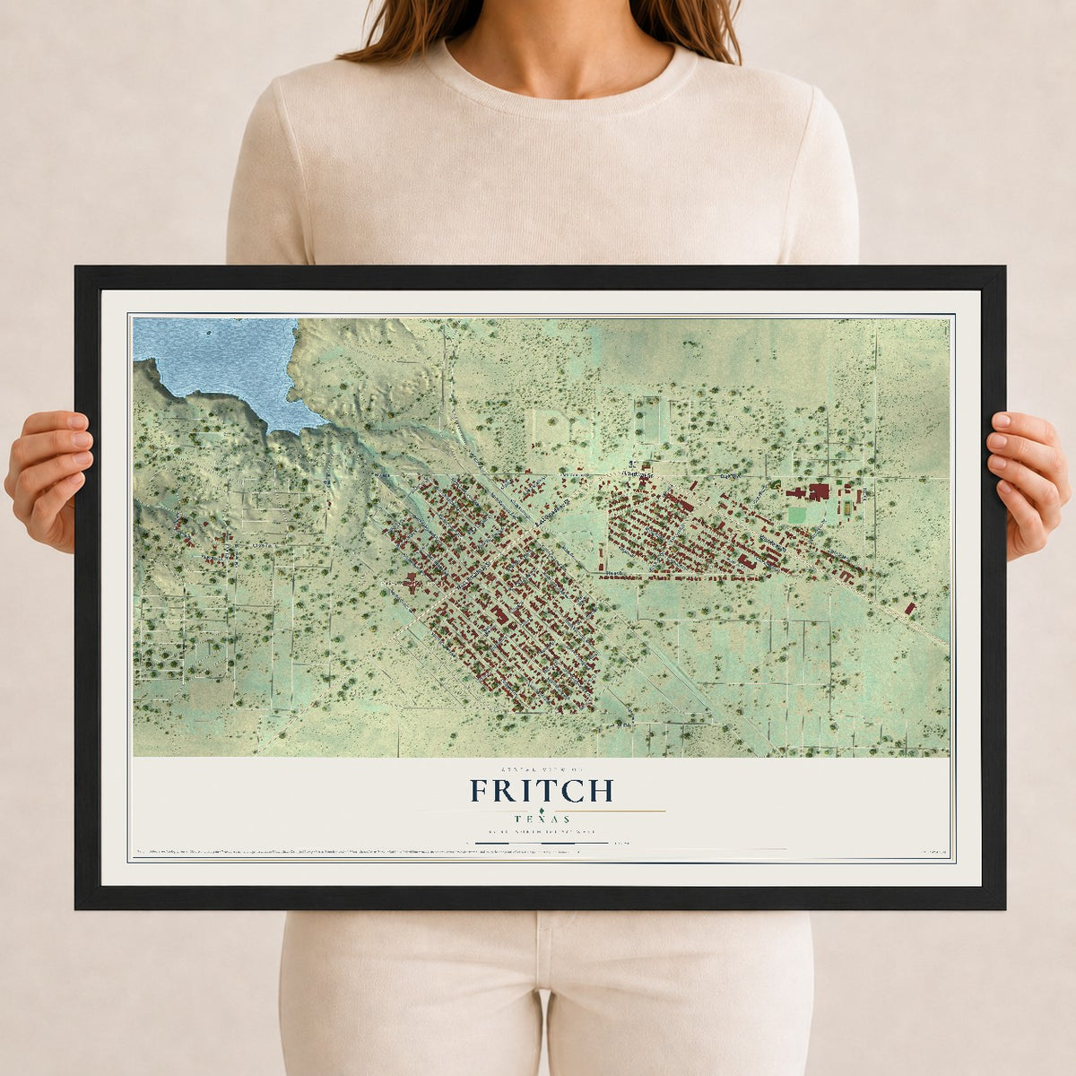 Map of Fritch, Texas, 12 x 18 inch print in a black wood frame