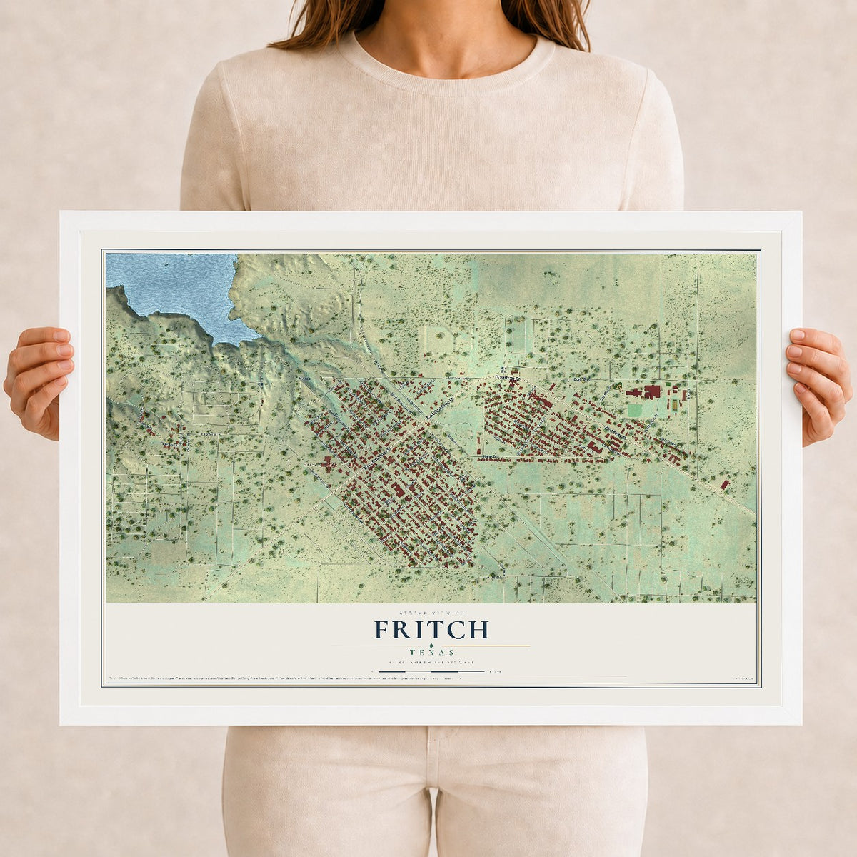 Map of Fritch, Texas, 12 x 18 inch print in a white wood frame