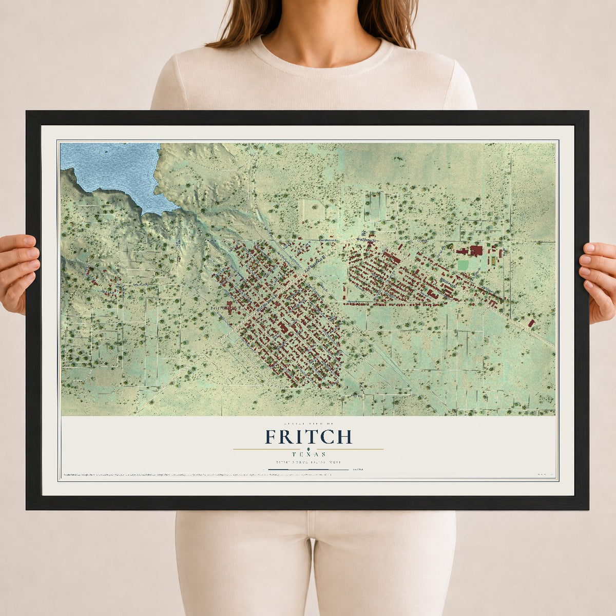Map of Fritch, Texas, 18 x 24 inch print in a black wood frame