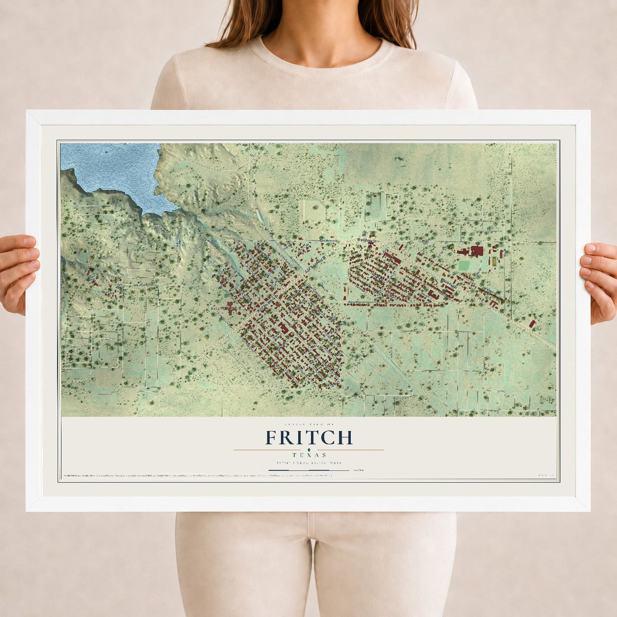 Map of Fritch, Texas, 18 x 24 inch print in a white wood frame