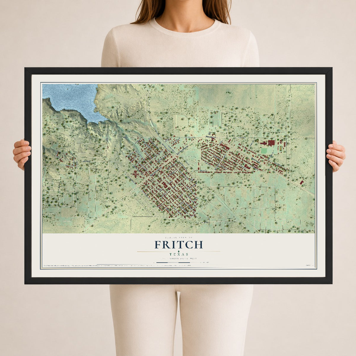 Map of Fritch, Texas, 24 x 36 inch print in a black wood frame