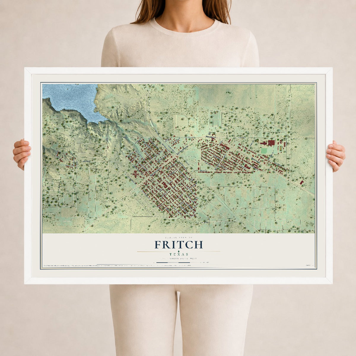 Map of Fritch, Texas, 24 x 36 inch print in a white wood frame