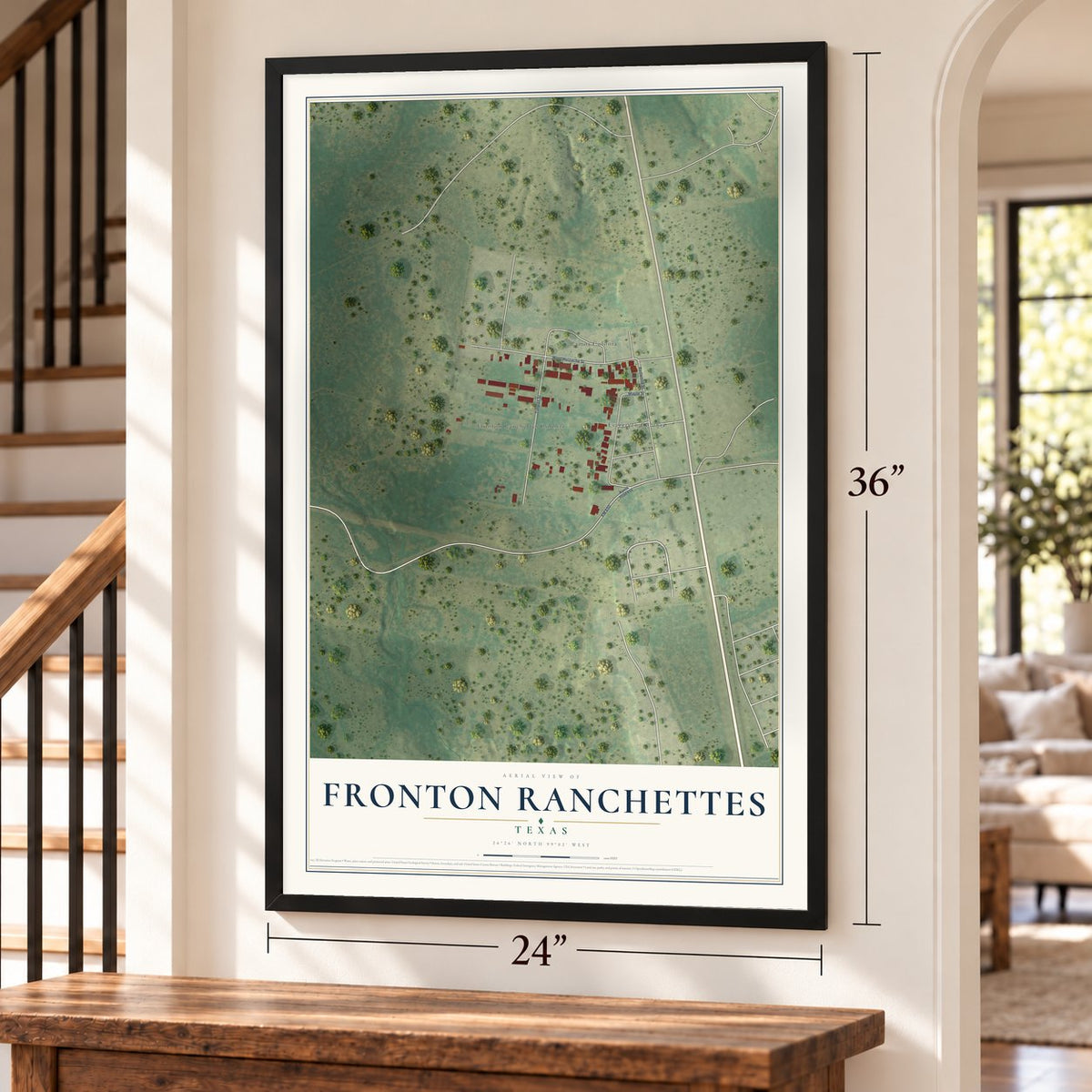 Fronton Ranchettes, Texas map, 24 x 36 inch print in a black frame by a staircase