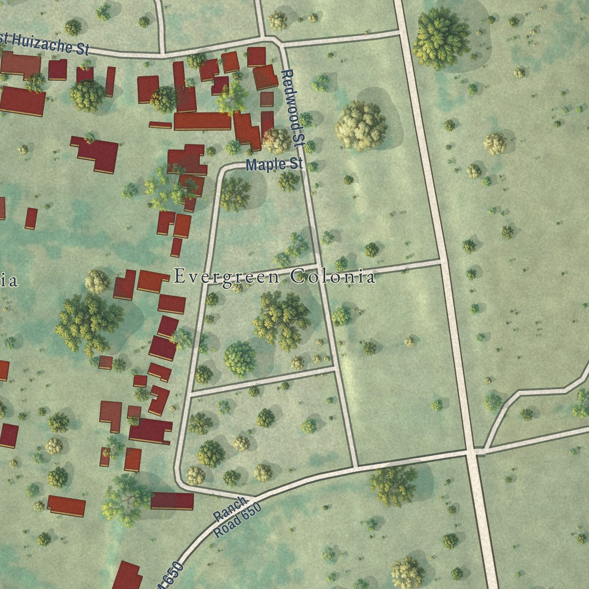 Close-up of the map of Fronton Ranchettes, Texas print showing street and building detail