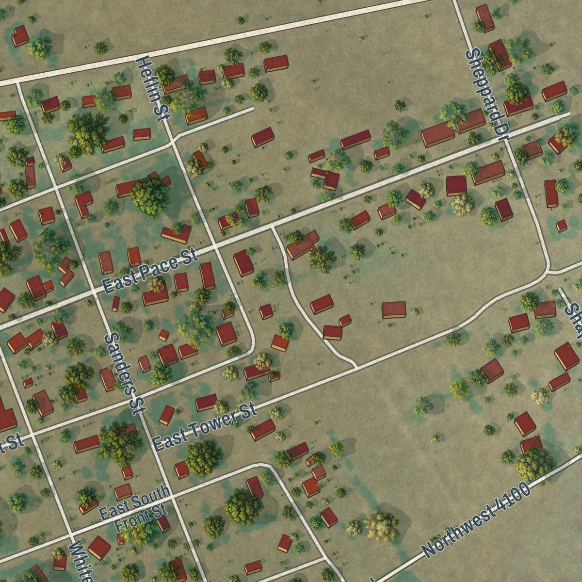 Close-up of the map of Frost, Texas print showing street and building detail