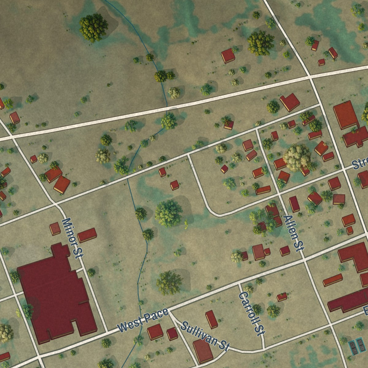 Second close-up of the map of Frost, Texas print showing more streets and buildings