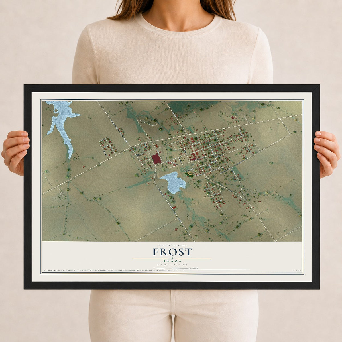 Map of Frost, Texas, 12 x 18 inch print in a black wood frame